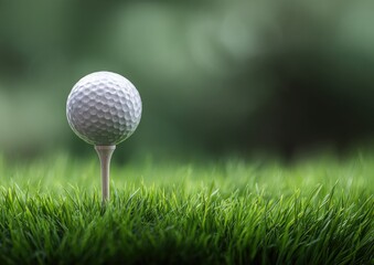 A pristine white golf ball rests on a tee, nestled in vibrant green grass against a blurred, verdant background