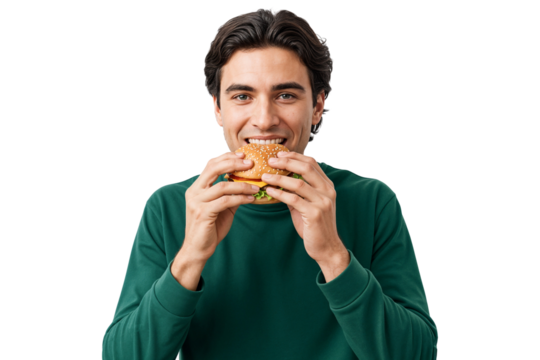 Happy young man in green sweater eating a delicious burger with both hands, concept of fast food, enjoyment, and tasty meal