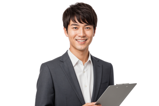 Smiling young businessman in suit holding clipboard, concept of corporate, survey, and office