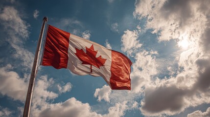 Canadian Flag flailing in the wind. Blue sky with clouds in background