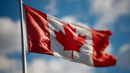 Canadian Flag flailing in the wind. Blue sky with clouds in background