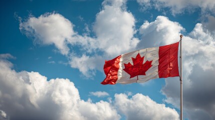 Canadian Flag flailing in the wind. Blue sky with clouds in background