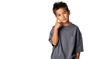 Cute young boy making a thinking gesture with finger pointing to temple, concept of idea, curiosity, or intelligence