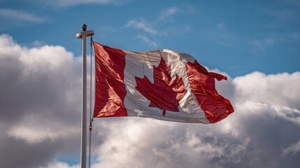 Canadian Flag flailing in the wind. Blue sky with clouds in background
