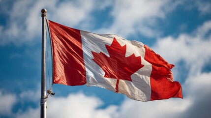 Canadian Flag flailing in the wind. Blue sky with clouds in background