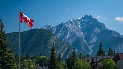 Canadian Flag with Rockie Mountains in the background during a sunny summer day. Taken in Banff National Park, Alberta, Canada. 
