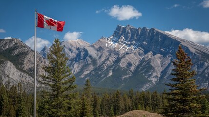 Canadian Flag with Rockie Mountains in the background during a sunny summer day. Taken in Banff National Park, Alberta, Canada. 