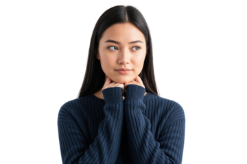 Beautiful woman thinking and looking away with hands on chin, concept of decision making, thinking, and problem solving