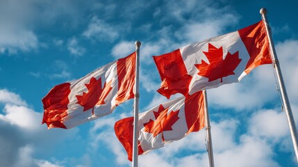 Canadian Flags On Blue Sky
