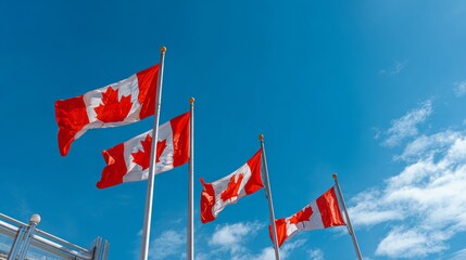 Canadian Flags On Blue Sky