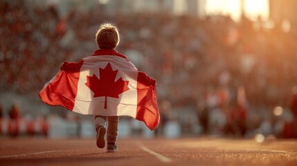 Child with Canadian flag. Happy Canada day. Little boy running with national flag cheering for Canada in football or hockey game. Canadian supporter excited after victory.