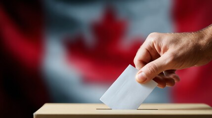 Close-up of human hand casting and inserting a vote and choosing and making a decision what he wants in polling box with Canada flag blended in background 