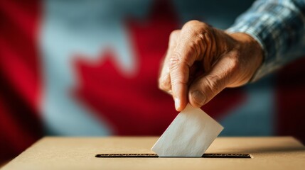 Close-up of human hand casting and inserting a vote and choosing and making a decision what he wants in polling box with Canada flag blended in background 
