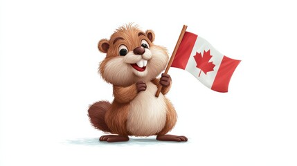 ute Beaver Cartoon Mascot Character Holding A Canadian Flag. Vector Illustration Isolated On White Background