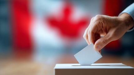 Close-up of human hand casting and inserting a vote and choosing and making a decision what he wants in polling box with Canada flag blended in background 