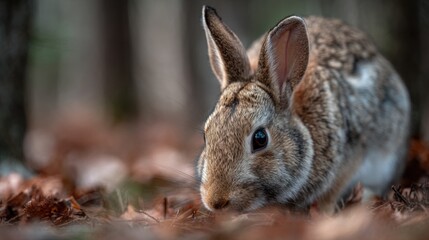 Fototapeta premium An Inquisitive Rabbit Eating in a Forest Opening
