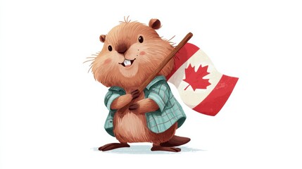 ute Beaver Cartoon Mascot Character Holding A Canadian Flag. Vector Illustration Isolated On White Background