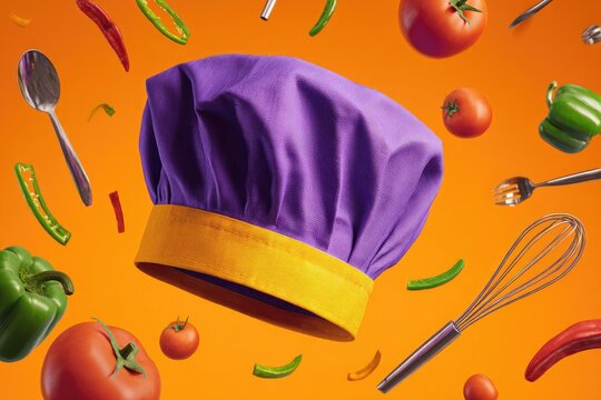 A purple chef's hat with a yellow band floats amidst falling red tomatoes, green bell peppers, and kitchen utensils against a vibrant orange backdrop
