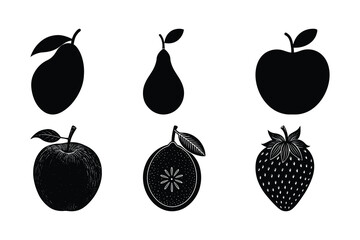 Black and white illustrated fruit silhouettes set on a white background healthy eating design