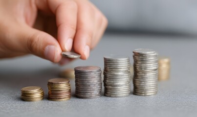 Hands adding coins to stacks of coins, rising columns made from the coins, Generative AI