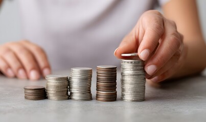 Hands adding coins to stacks of coins, rising columns made from the coins, Generative AI