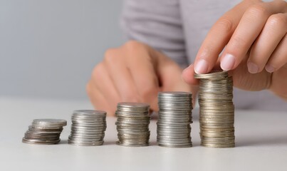 Hands adding coins to stacks of coins, rising columns made from the coins, Generative AI