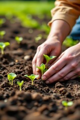 a scene of human interaction with nature. a person's hands are seen carefully placing seedlings into a freshly plowed field