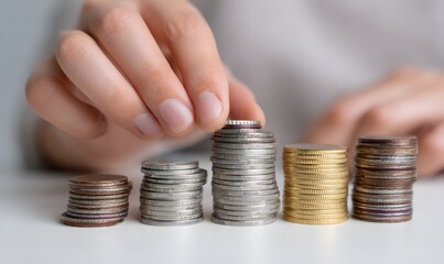 Hands adding coins to stacks of coins, rising columns made from the coins, Generative AI