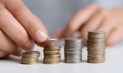 Hands adding coins to stacks of coins, rising columns made from the coins, Generative AI