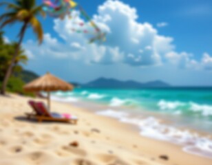 a serene tropical beach scene with a thatched umbrella and lounge chairs inviting relaxation under the warm sun.