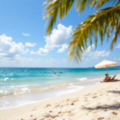 a serene tropical beach scene. a white sandy beach stretches out with a few people enjoying the day under a clear blue sky. palm trees sway gently along the shoreline