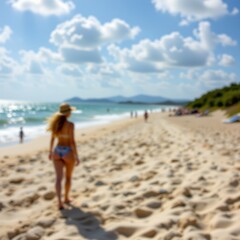 a woman leisurely walking along a sandy beach near the water's edge. she is dressed in summer attire, wearing a bikini top, shorts, and sunglasses