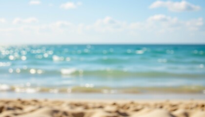a serene beach scene with clear blue ocean water and white sand. the sky is partly cloudy, suggesting a pleasant day for beach activities