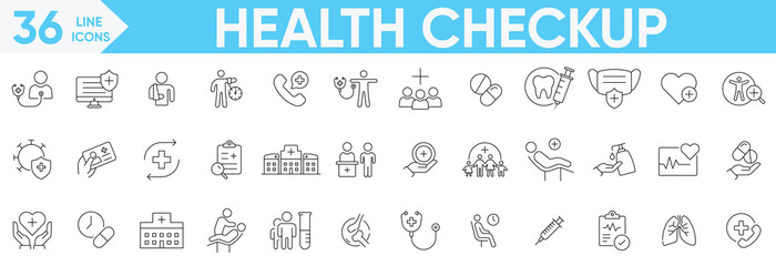 Health Checkup icon set.Heart rate, stethoscope, instruments, research, organs, tests, viruses, temperature, Scan, test, monitor, dental, urine test and more.Vector and illustrator set.