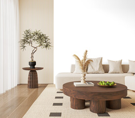 Modern Living Room Corner with White Sofa and Decorative Indoor Tree - Transparent Background PNG with Realistic Shadow – 3D render
