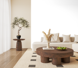 Modern Living Room Corner with White Sofa and Decorative Indoor Tree - Transparent Background PNG with Realistic Shadow – 3D render
