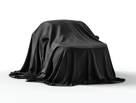 A sleek, black car completely concealed under a heavy, dark cloth, sitting on a stark white background, hinting at an upcoming reveal
