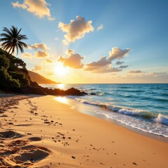 a serene tropical beach scene at sunrise.