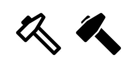 Hammer icon set representing striking tool for carpentry, repair, or building use.