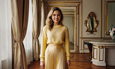 One glamourous blonde woman in a vintage wedding dress poses like a statue inside an old church, embodying timeless beauty and fashion