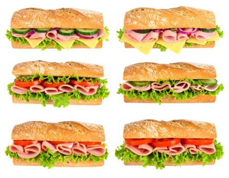 Six variations of a delicious sub sandwich, each featuring a different combination of ham, cheese, lettuce, tomato, onion, and cucumber on a crusty baguette