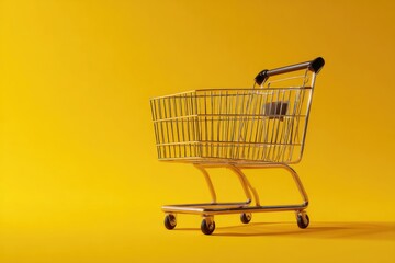 A small, empty gold shopping cart sits on a vibrant yellow background, angled slightly to the right.  The cart's metallic sheen is visible