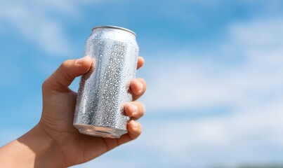 Obraz na płótnie Canvas hand holding a cold beverage can with condensation, Generative AI