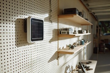 A small, square solar panel is mounted on a pegboard wall, adjacent to light-drenched wooden shelves holding various vintage objects.  Sunlight streams through a doorway