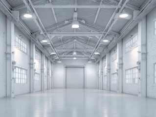 A spacious, empty industrial warehouse with a high, gabled ceiling, numerous windows, and a large roll-up door at the far end. The floor and walls are a light grey.  Clean, bright