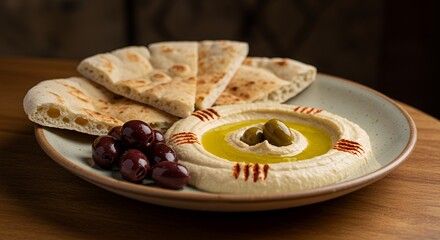 Indulge in the Mediterranean Delight: Creamy Hummus with Pita Bread and Olives, a Culinary Masterpiece
