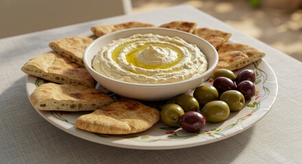 Indulge in a Mediterranean Delight: Creamy Hummus, Warm Pita Bread, and Luscious Olives Beckon on a Sunny Day.