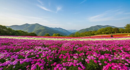 Obraz premium Vast field of blooming flowers under a clear blue sky with rolling green hills in the background