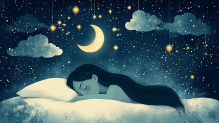 Healthy sleep concept, beautiful woman sleeping happily on bed at night. Generative Ai.	
