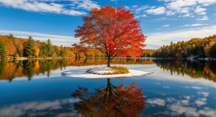 Vibrant autumn tree stands alone on an island in a calm lake surrounded by colorful foliage under a bright blue sky